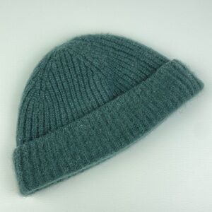 H&M Women's OS 100% Cashmere Ribbed Knit Beanie Hat Fold Over Emerald Green Blue